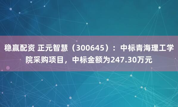 稳赢配资 正元智慧(300645):中标青海理工学院采购项目,中标金额为247.30万元